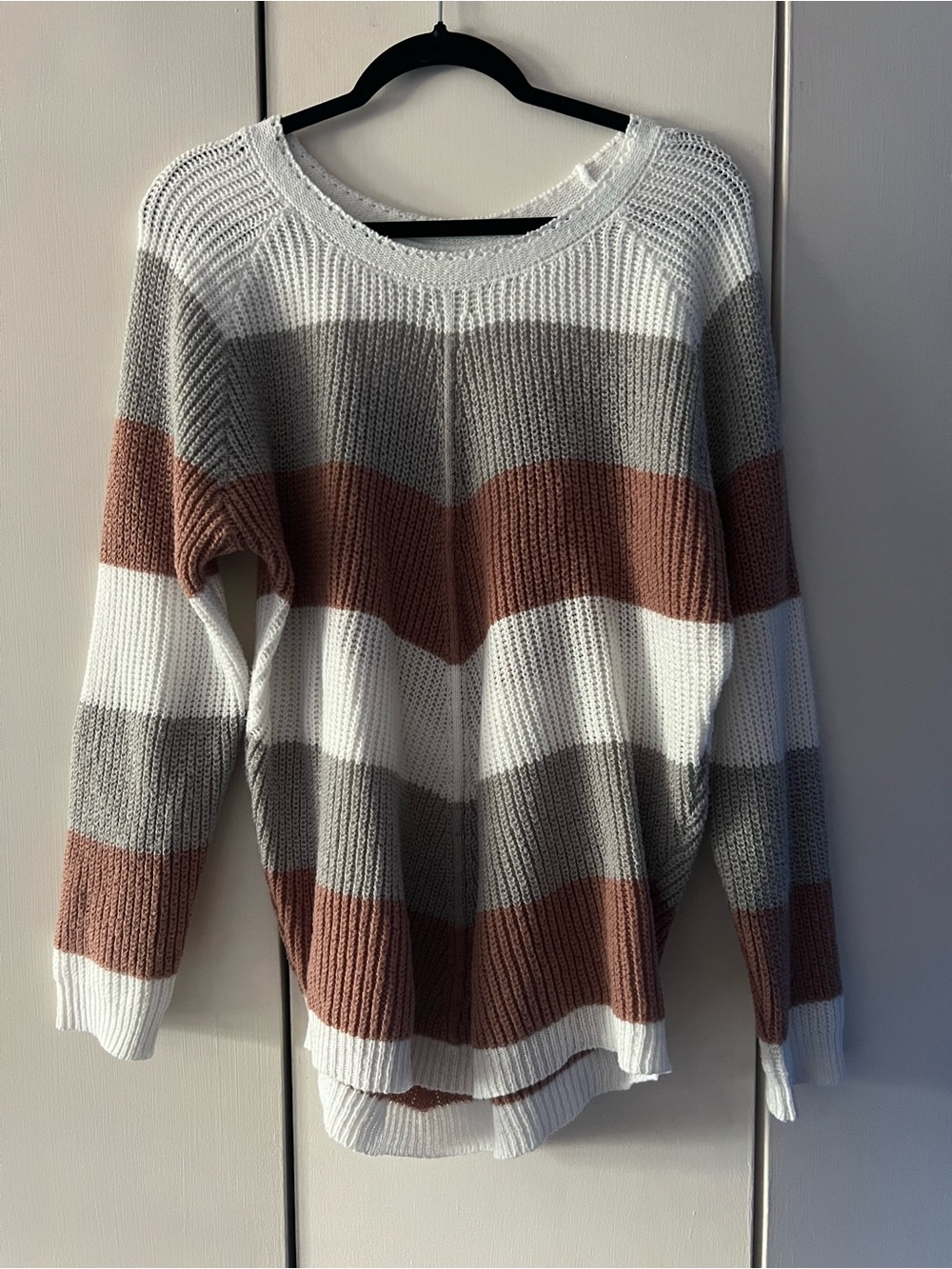 SHEIN Striped Crewneck Sweater in White, Gray & Brown
